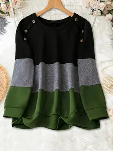 Plus Size Women's Round Neck Long Sleeve Cotton Sweatshirt, American Casual Daily Style, Metal Button Shoulder, Contrast Design