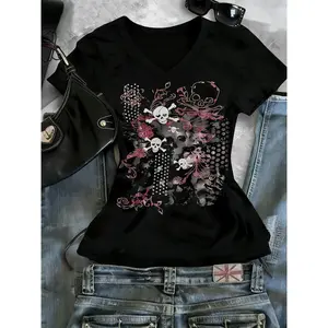 Women Summer V Neck Fitted Graphic T Shirt Y2K Vintage Punk Aesthetic Tee, Casual Short Sleeve Top for All Seasons, Street Fashion Daily Wear, Streetwear, Womenswear