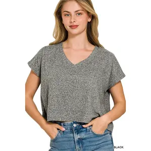 Zenana Soft Melange V-neck Drop Shoulder Cropped Top