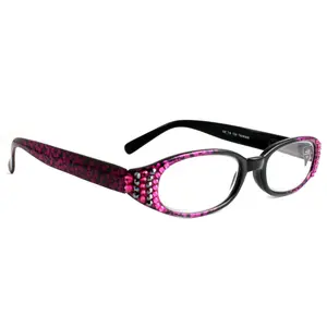 Isabella, (Bling) Reading Glasses Women W (Fuchsia, Hematite) Genuine European Crystals  (Purple Floral Print)  NY Fifth Avenue (Wide Frame)