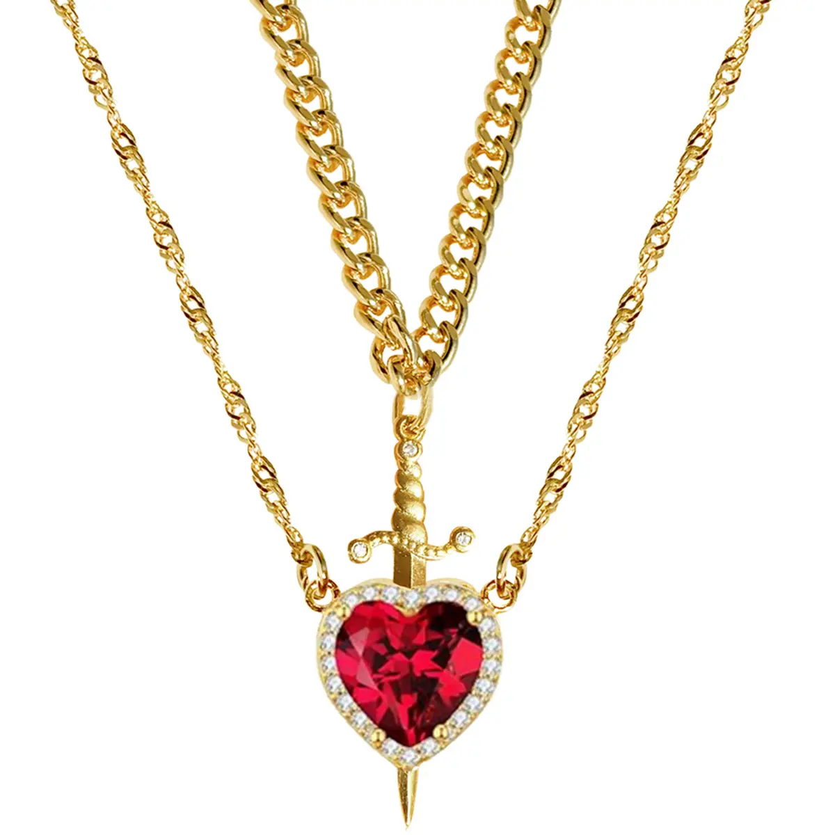 Heart & Sword Necklace for Couples, Matching Heart & Cross Pendant Stainless Steel Cuban Chain, Promise Relationship Jewelry, Romantic Gift for Girlfriend & Boyfriend