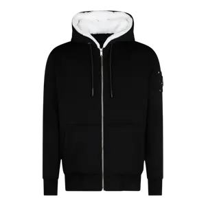 MOOSE KNUCKLES Men's Classic Bunny Zip-Up Hoodie, Black/White Plush Fur Tops, Kangaroo Pocket Layer