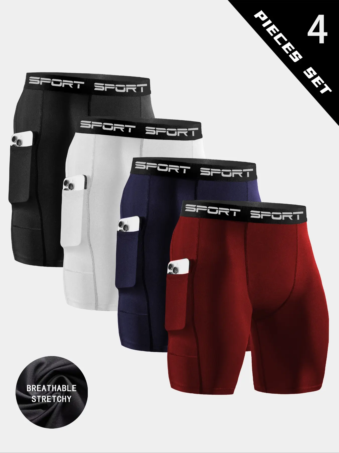 4-Pack Men's Compression Shorts with Pockets, Activewear Shorts, High Stretch, Quick Dry, Breathable Construction, Polyester Athletic Shorts, Knit Workout Shorts for Running, Training & Gym, Performance Sports Shorts Set Black Blue