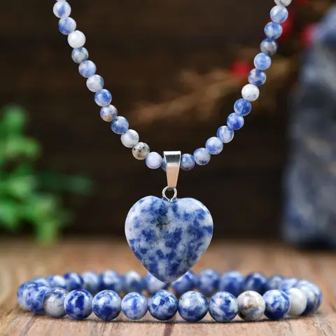 Vintage Sodalite Stone Necklace Bracelet Set Heart Charm Pendant Beaded Jewelry Gift for Women Holiday Accessories, Fashion Jewelry Set, Jewelry Sets, Jewellery Gift Set