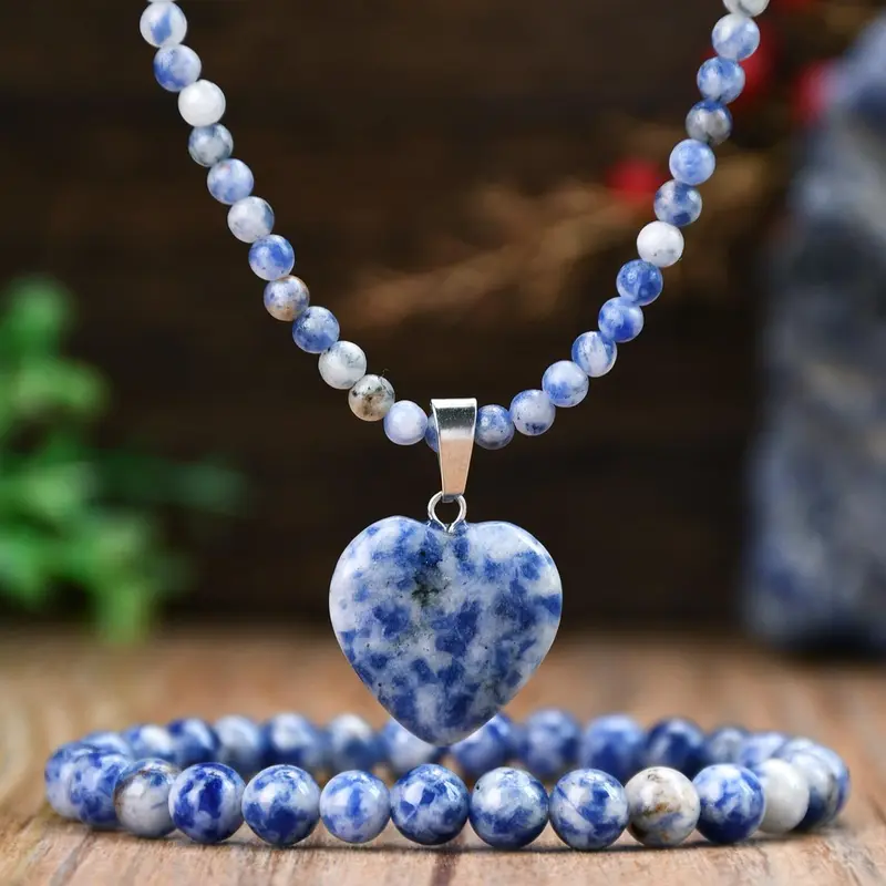 Vintage Sodalite Stone Necklace Bracelet Set Heart Charm Pendant Beaded Jewelry Gift for Women Holiday Accessories, Fashion Jewelry Set, Jewelry Sets, Jewellery Gift Set