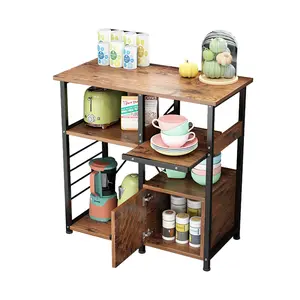 Industrial Rustic Wood Kitchen Baker's Rack with Cabinet, Multi-Tier Open Storage Shelf, Freestanding Microwave Oven Stand with Metal Frame for Kitchen, Living Room, Small Space