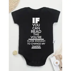 Cute Baby Bodysuit With If You Can Read This Youre Close Enough To Change My Diaper Print Soft Versatile Round Neck Button Detail Regular Fit All Seasons Knitted Fabric Onesie For 0-12 Months