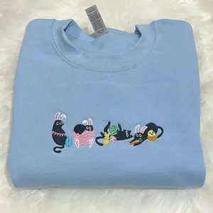 [Made in US] Embroidered Easter Black Cat Bunny T-Shirt, Sweatshirt & Hoodie, Cozy Pastel Pink Spring Embroidered Shirt Unisex Oversized Soft Fleece, Retro Vintage Bunny Cat Crewneck, Cute Whimsical Easter Apparel, Minimalist Holiday Fashion Gift Idea