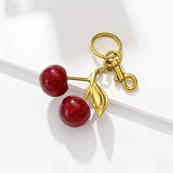 Cherry Bag Charm Cute Key Chains for Women Sparkling Purse Charms for Handbags Accessories Lovely Cherry Bag Charms Keychain Cute Bag Decor Charms for Girls Ideal Mother's Day Gifts & Valentines Day Gifts Gold Plated Glitter cherry key chain Bag Pendant