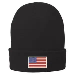 Trendy Apparel Shop US American Flag White Embroidered Winter Folded Long Beanie
