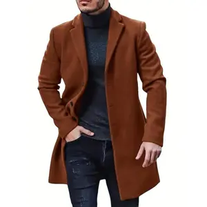 Men's Retro Single-Breasted Button-Front Trench Coat - Warm Maroon Semi-Formal Outerwear Tops for Fall & Winter Business Wear