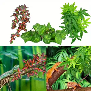 3PCS Realistic Artificial Reptile Plants with Suction Cups - Terrarium Hanging Vines,Green Red Leaves - Easy Installation,No Maintenance,All-Season Habitat Decorations,Reptile Tank Decorations
