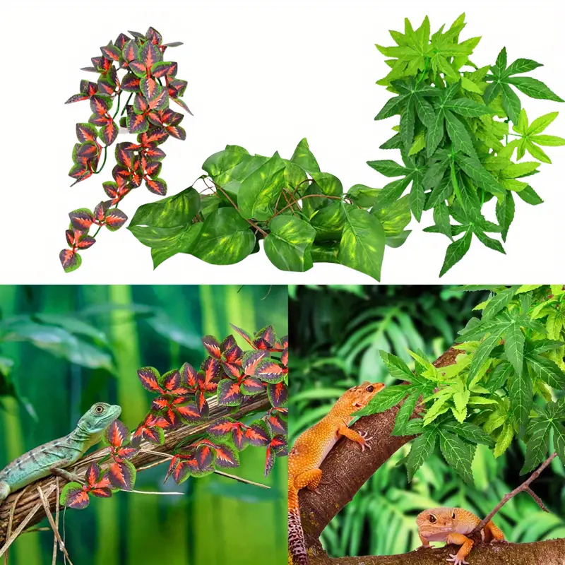 3PCS Lifelike and Vivid Artificial Terrarium Plants with Suction Cups - Hanging Vines, Green Red Leaves, Hiding Spots, Caves, Easy Installation, No Maintenance, All-Season Reptile Tank Decor