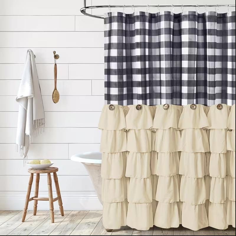 Farmhouse Ruffle Shower Curtain with Handmade Vintage Buttons, Country Buffalo Plaid Fabric Black and White Shower Curtains for Master Bathroom, Bathroom Decor Shower Curtain with 12 Holes,72" x 72"