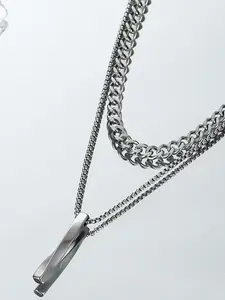 Men's Stainless Steel Necklace Set, Minimalist Chain Necklace, Trendy Hip-Hop Design, Unique Twisted Column Pendant, Fashionable Men's Jewelry Accessories