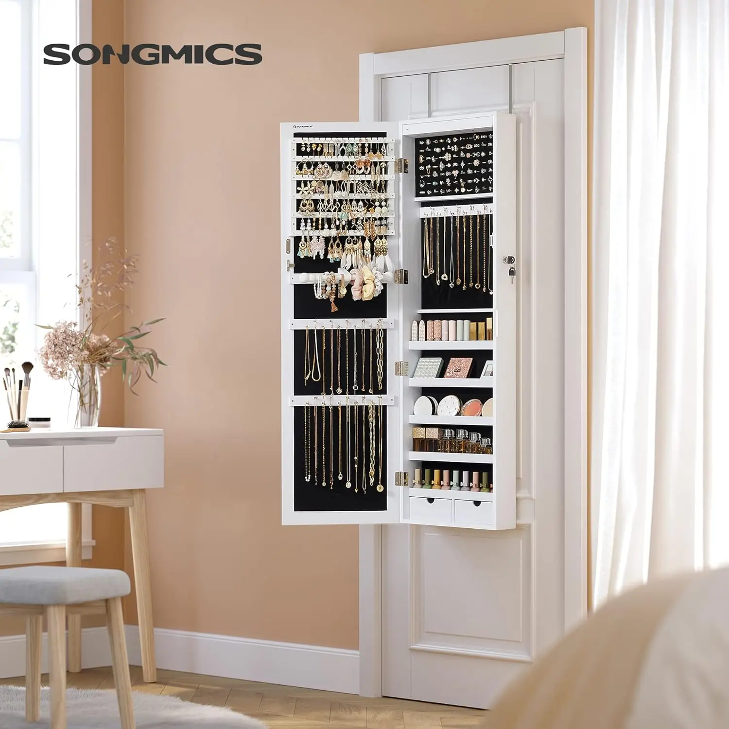 SONGMICS 47.2In Lockable Mirror Jewelry Cabinet - 6 LEDs Built-in Lighting, Adjustable, Door-Shaped, Dual Storage, Drawer-Equipped, Wall/Door Mounted Indoor Cupboard Organizer (2 Drawers, White, UJJC93W), Adjustable Built-In Mirror Cabinets, Door-Shaped M