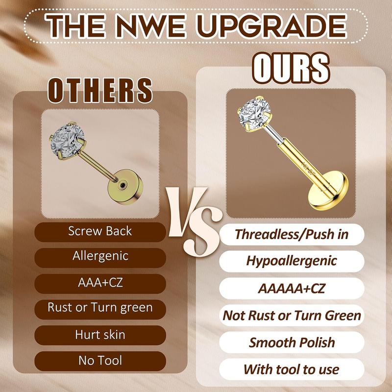 14K Gold Nose Studs For Women 316L Surgical Steel Threadless Nose Ring Lip Studs Push In Flat Back Stud Earrings Cz Nose Nostril Tragus Helix Body Piercing Jewelry Silver Gold 20G 18G