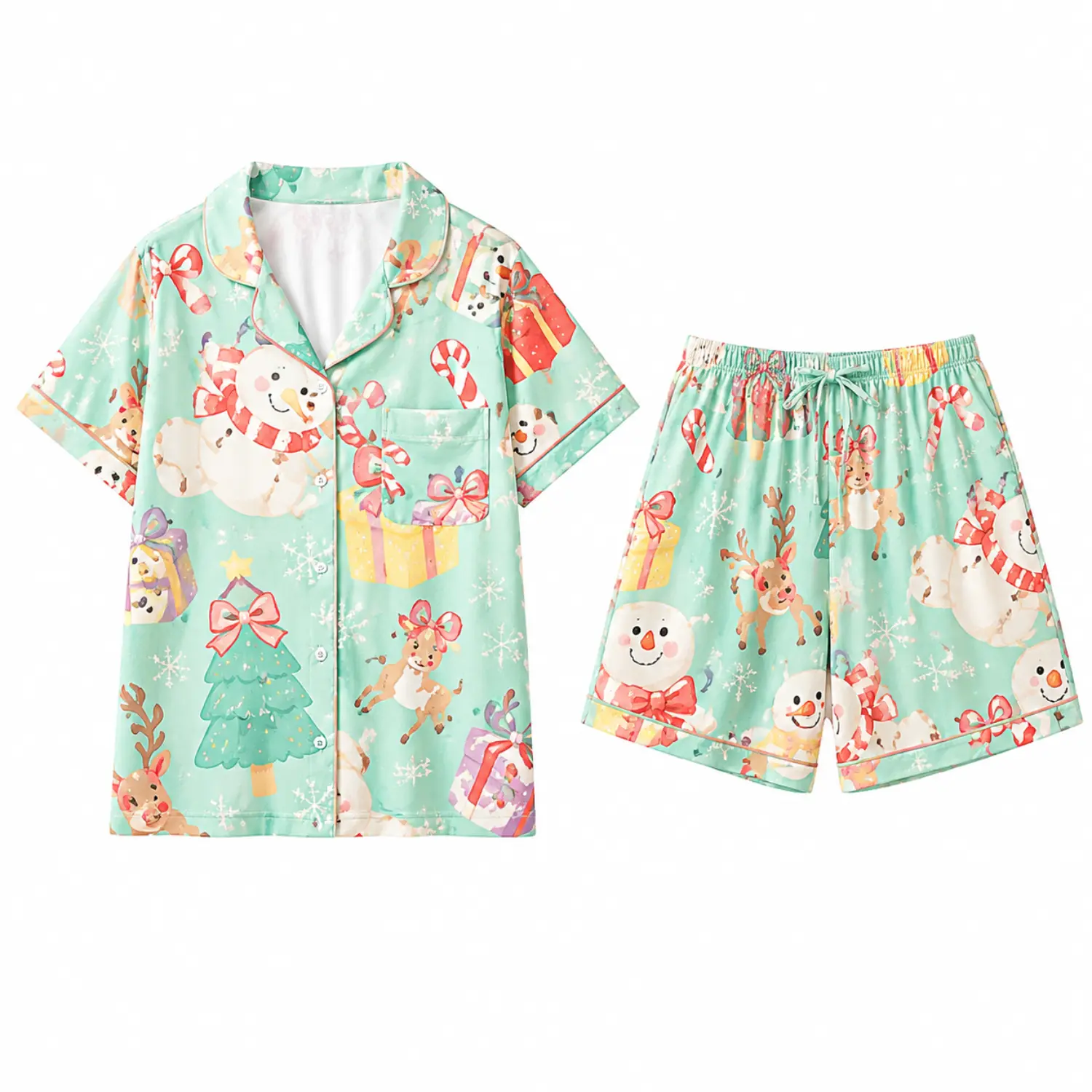 Cute Christmas Print Short Sleeve Button Front Pajama Set with Elastic Waist Sleep Shorts for Women and Girls