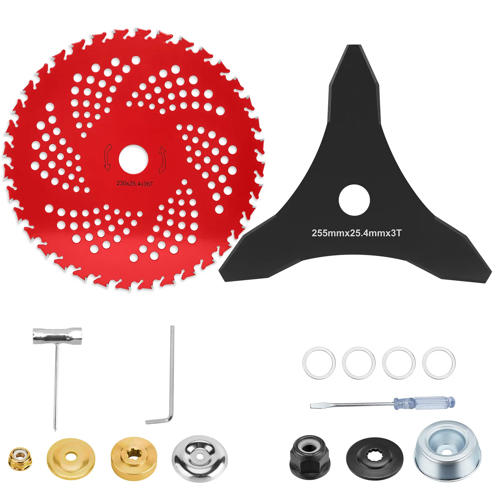 HK 9" x36 Teeth Carbide Tipped Blades & 3 Teeth Brush Cutter Blade, Weed Eater Blades Metal with Universal Adapter Kit, for 1" (20 mm or 25.4 mm Arbor), Compatible with Husqvarna, Stihl, Fsx, and More