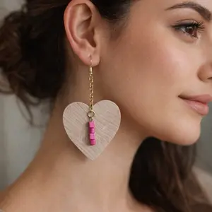 Heart-Shaped Wooden Earrings with Pink Beads and Gold Chain for Women's Fashion Accessories