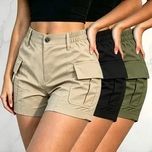 3-Pack European/American Style Women’s Cargo Shorts — Button Front, High Waist, Elastic Back Hem, Multiple Pockets; Quick Dry, Versatile; Ideal for Outdoor Activities and Commuting Womenswear Bottom Basic Minimalist