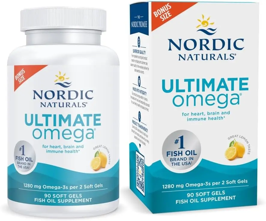 Nordic Naturals Ultimate Omega, Lemon Flavor - 90 Soft Gels - 1280 mg Omega-3 - High-Potency Omega-3 Fish Oil Supplement with EPA & DHA - Promotes Brain & Heart Health - Non-GMO - 45 Servings | High-potency Omega-3 Fish Oil