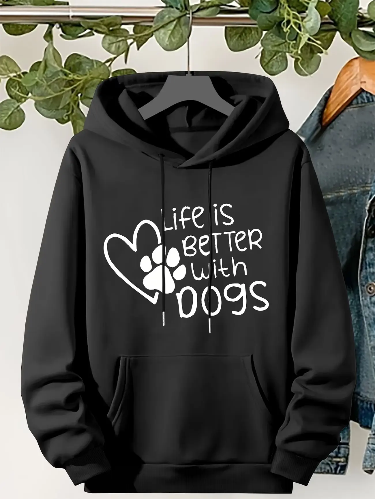 Plus Size Paw Print Hoodie, Casual "Life Is Better With Dogs" Pattern Drawstring Hooded Long Sleeve Kangaroo Pocket Sweatshirt For Fall & Winter, Women's Plus Size Clothing