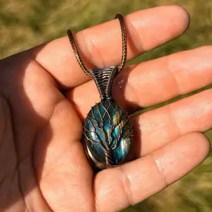 Wire Wrapped Natural Larvikite Cabochon – Tree of Life Pendant on Waxed Leather Cord – Handmade Gemstone Necklace (Various Sizes)