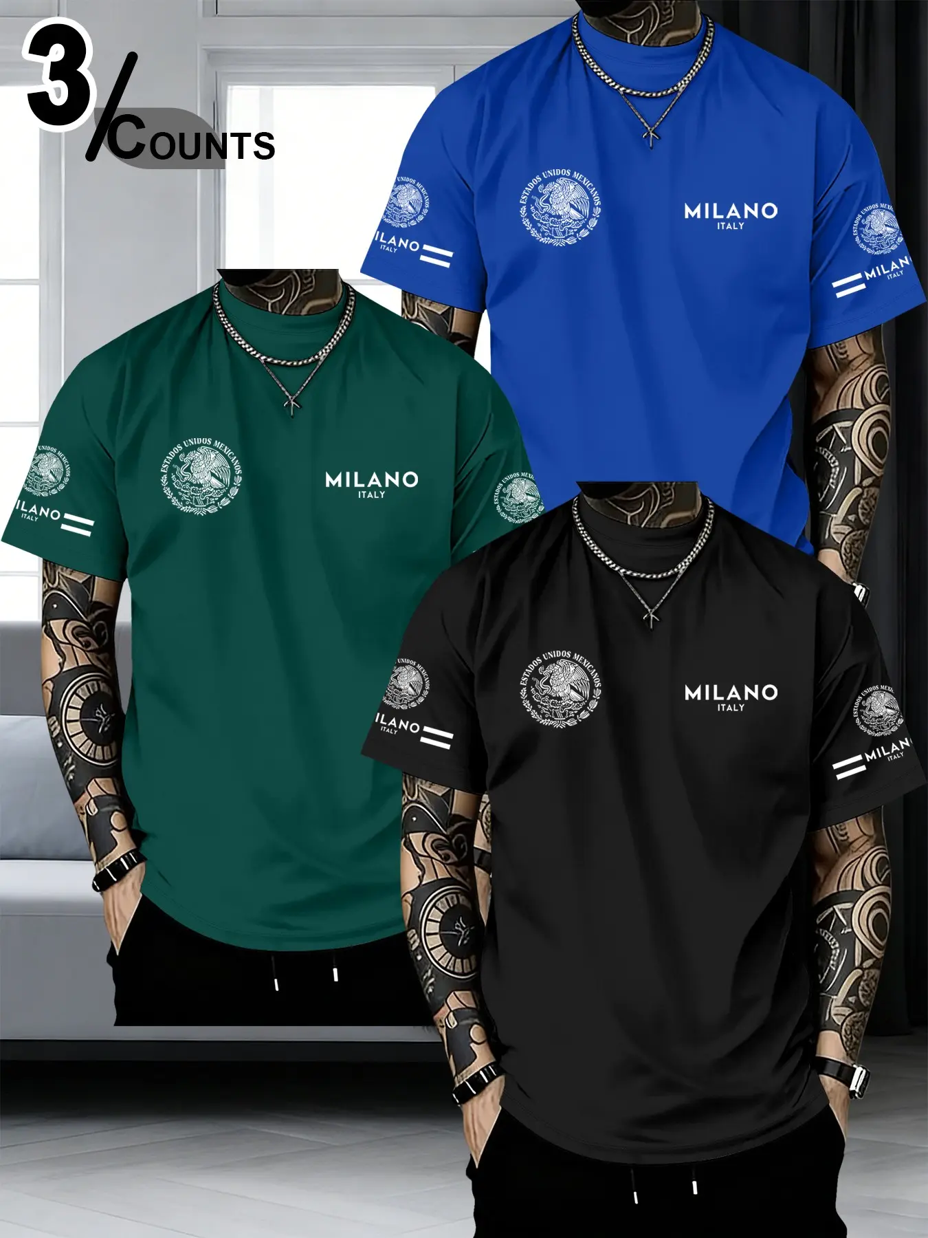 Men's Summer Top, Casual Comfy Streetwear Short Sleeve Round Neck T-Shirt, Mexican Coat of Arms + Italian Milan Letters Print, Comfortable Daily Wear 3 Pack