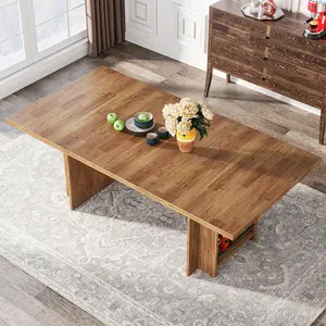 Tribesigns Farmhouse Dining Table for 6 to 8, 63-Inch Rectangular Wooden Kitchen Table with Storage, Industrial Design, Brown Finish Home Decor