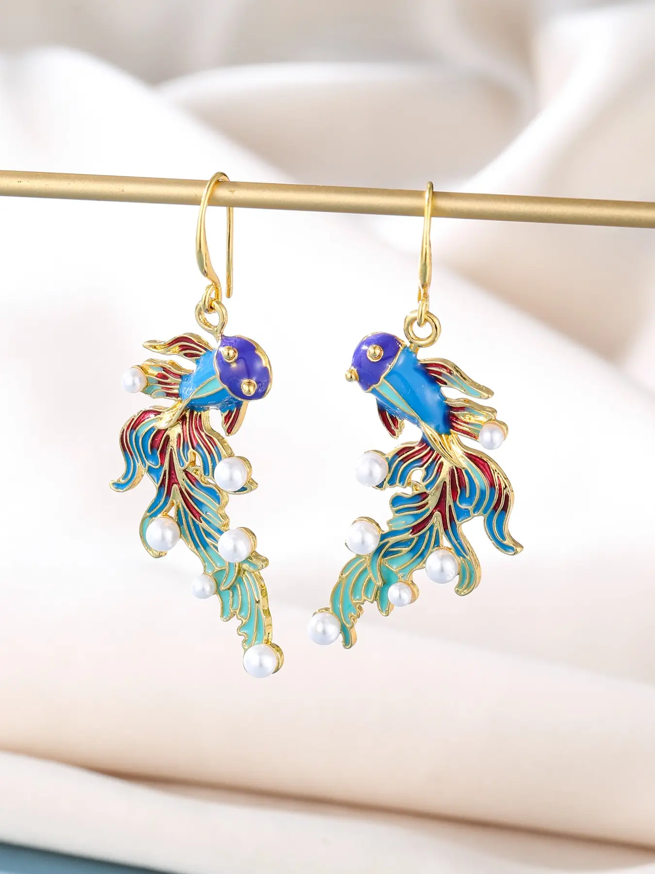 Unique Design Colorful Fish Pattern Imitation Pearl Pendant Earrings, Bohemian Earrings, Women's Vintage Ethnic Style Festival Accessories Gift