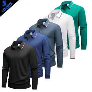 Five-piece color-block men’s long-sleeve polo shirts in a business-casual style. Classic notched lapels paired with red and white thin piping add refined details, while button accents at the placket create a clean, streamlined look. Long sleeves are desig