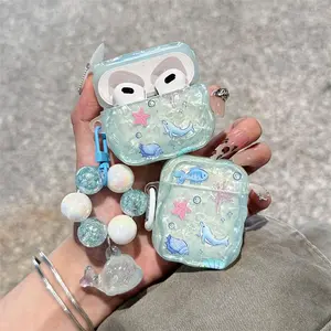 Curved Shell Pattern Underwater Dolphin Earphone Protective Cover with Dolphin Bead Hanging Ornament for AirPods 1 2 3 4 Pro Pro2