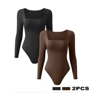 Women's 2 Piece Bodysuits Sexy Ribbed One Piece Square Neck Long Sleeve Tops- Snug Fit Enhances Curves - Easy Snap Bottom