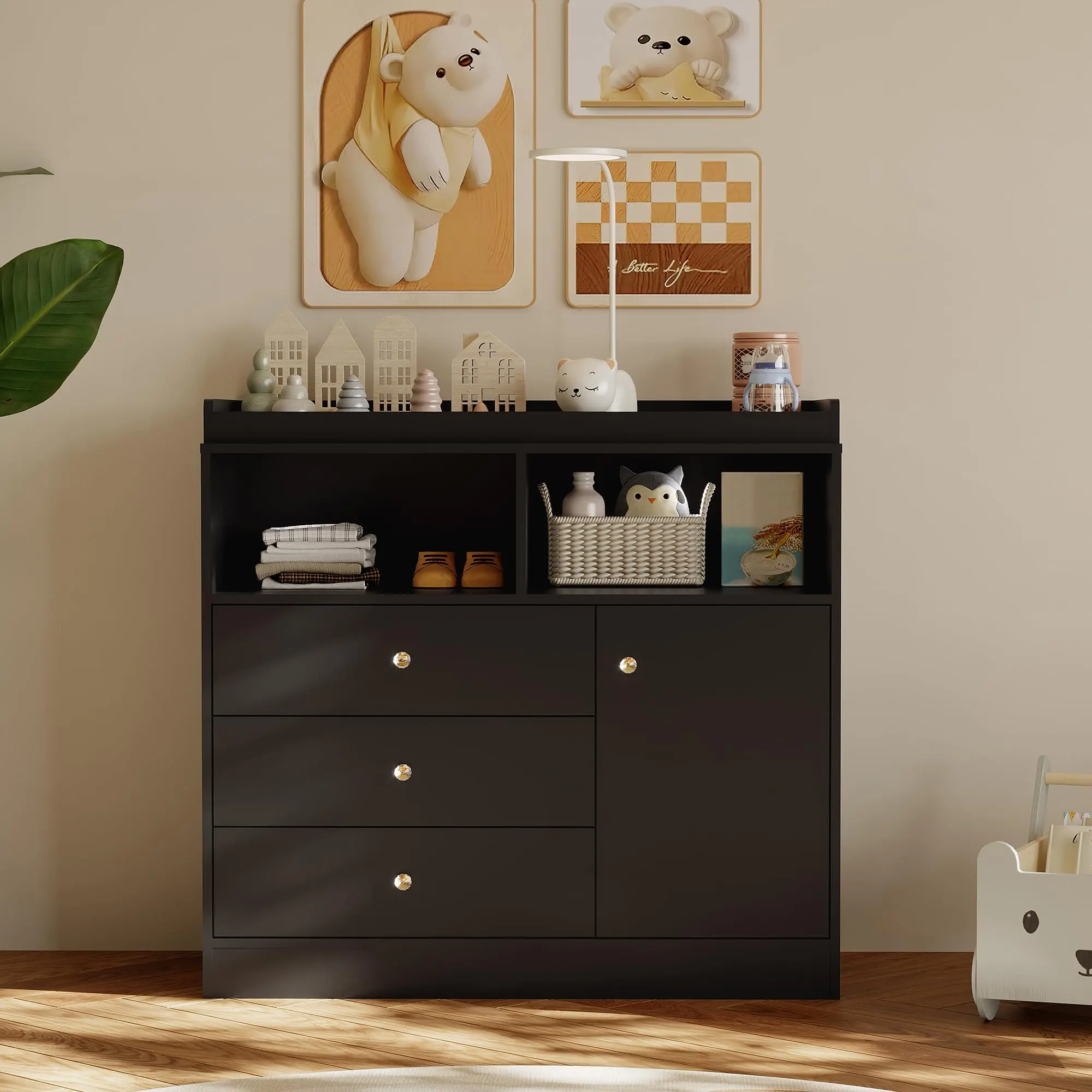 Garvee Modern Wooden Baby Changing Table Dresser with 2 Open Shelves, 3 Drawers, and 1 Cabinet, Available in Black and White, Perfect for Nursery, Bedroom, and Room Storage - TikTok Shop Garvee Modern Wooden Baby Changing Table Dresser with 2 Open Shelves, 3 Drawers, and 1 Cabinet, Available in Black and White, Perfect for Nursery, Bedroom, and Room Storage - TikTok Shop