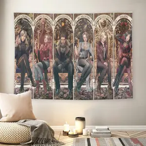Resident Evil Characters Art Nouveau Wall Flag, Leon Kennedy Ada Wong Tapestry, Mid-century Modern Black Flash Manga Style Room Decor for Adult Fans, Horror Game Fan Art Wall Hanging