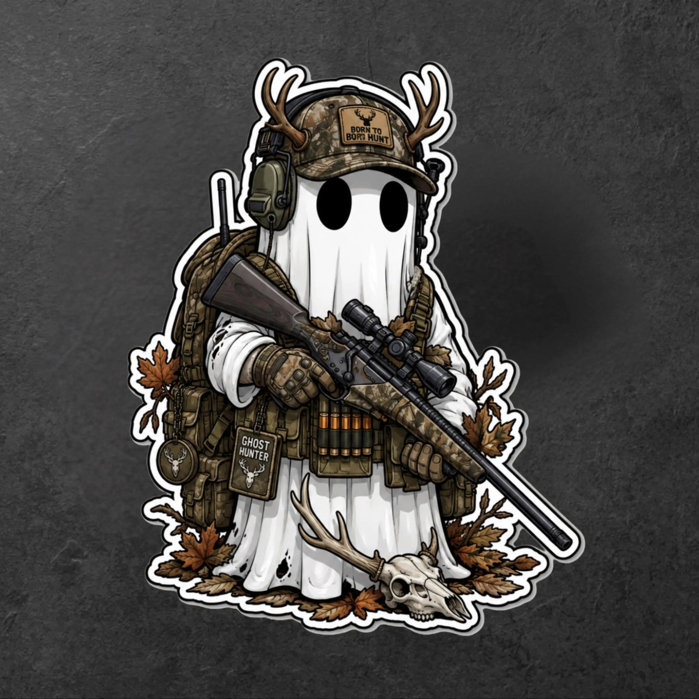 Tactical Ghost Hunter Sniper Sticker, Born to Hunt Camo Vinyl Decal, Deer Hunting Waterproof Laptop Car Window Gift