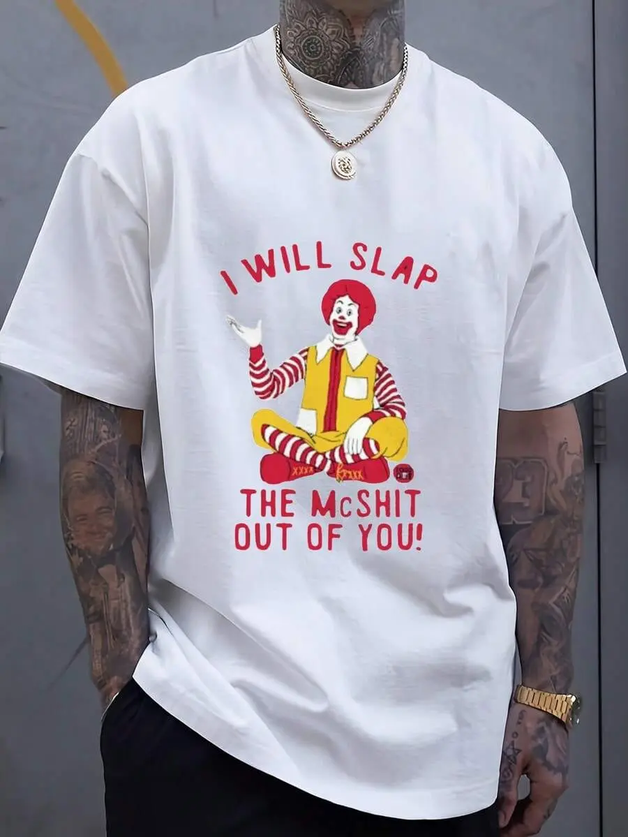 Men's Plus-Size Funny McDonald's Clown Pattern T-Shirt - "I'm Going To Beat You To A Pulp" In Eye-Catching Red Text - Soft And Breathable Fabric.