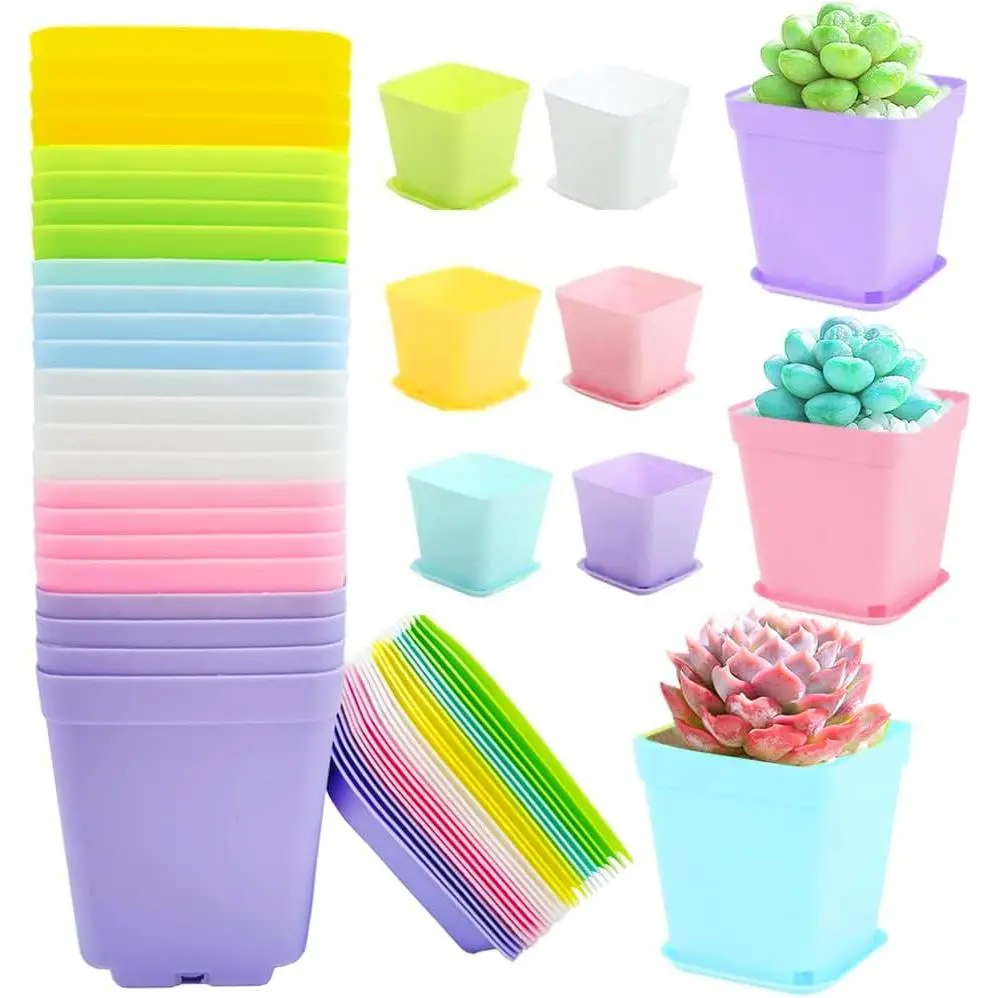 24Pack 3 Inch Plastic  Pots,Square Seedling  Pots Succulent Flower Planter Container with Saucers for Garden,Room,Office,Balcony Decor,Multicolor