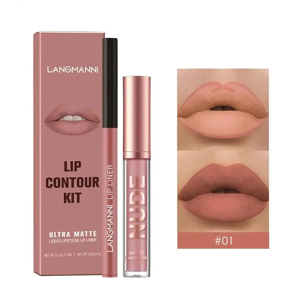 Matte Lipstick & Lip Liner Makeup Set, 2 Counts Easy Coloring Lip Gloss & Lip Liner Set, Moisturizing No Glossy Lip Care Kit for Women, Lip Cosmetic G