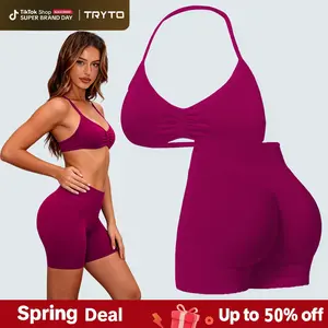 TRYTO Two-Pieces Suit Impact Strappy Bra&Impact Shorts Fitness Yoga Sports Women Activewear Gym Outdoor Tank Tops Hidden Scrunch Butt Lifting Gymwear Shorts Womenswear
