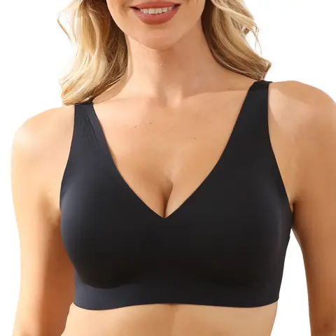 COMFELIE Women's Retro V-Neck Wireless Full Coverage Comfy Lingerie Bra - Spandex-Nylon Fabric, Jelly Strip Support, Seamless Straps, Hook and Eye Closure, Fuller Bust Solutions, High-Capacity EB030