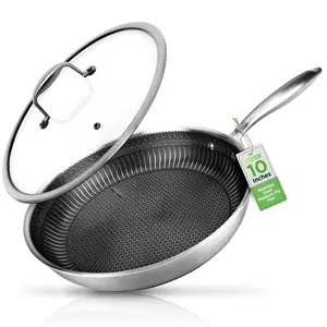 10" Stainless Steel Frying Pan with Glass Lid | Stylish Non-Stick Fry Pan with Long Handle - Scratch-Resistant, Oven & Dishwasher Safe Cookware - Everyday Use Kitchen Cooking Essentials