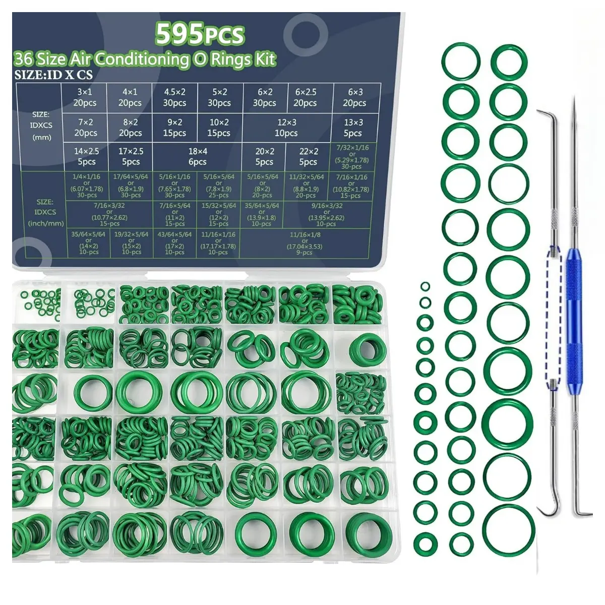 595 Pcs Metric and SAE Air Conditioning O-Ring Kit for Automotive A/C, Compressor and Professional Faucet Plumbing Seal O Rings Repair with O-Ring Picks,Resist Oil and Heat