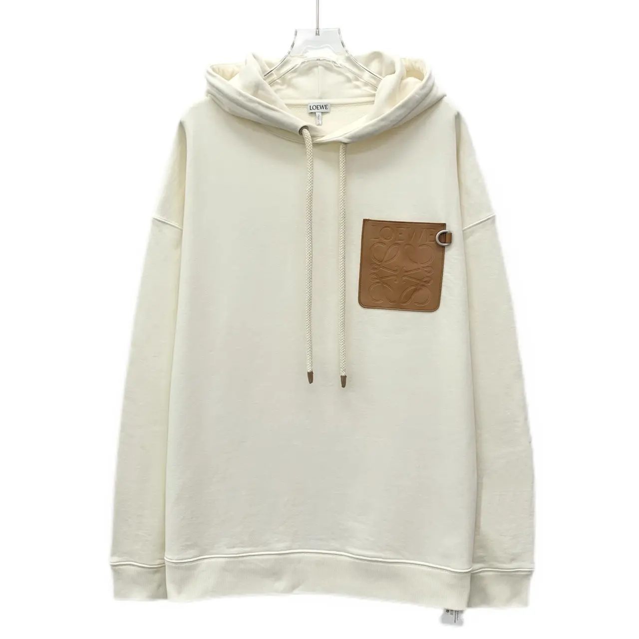 RDLT— Loewe Beige Logo Leather Patch Cotton Hooded Sweatshirt Size S