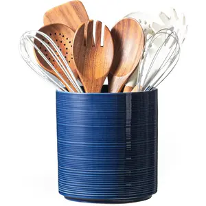 Large Utensil Holder for Kitchen Counter, 7.3" Ceramic Cooking Utensil Crocks for Spatula & Spoon, Farmhouse Kitchen Utensil Holder with Cork, Home Decor, Dark Blue