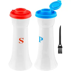 3pcs Plastic Salt and Pepper Shaker Set with Lids, Airtight Spice Jar Dispenser, Hourglass Covered Mini Salt Shaker for Restaurant Cleaning Brush Camping Home Kitchen Picnic