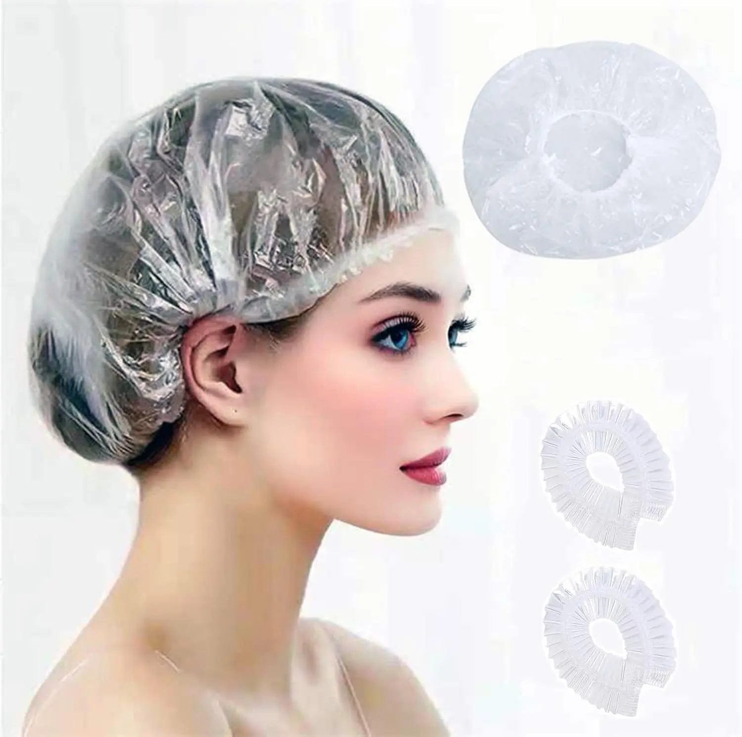 100 count Disposable Shower Caps Thickened  Hair Bath Caps for Women Men Girls Travel  Hotel  Use Salon - Multi-Purpose Elastic Plastic Clear Shower Caps, Essentials Accessories(20.5")
