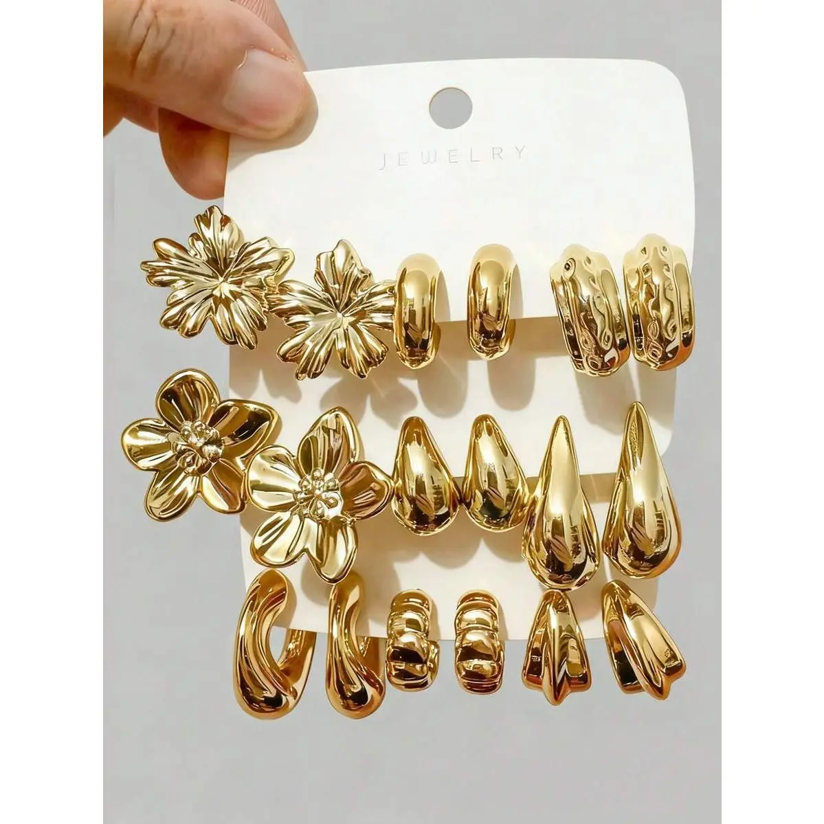 Gold Earrings Set for Women, 18-Piece Trendy Jewelry with Butterfly & Flower Charms, Large C-Shaped Resin Hoops for Casual Wear