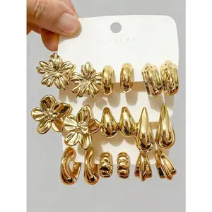 6/18-Piece Exaggerated Eternal Flower Earrings Set, Large C-Shaped 5-Petal Butterfly Series, UV-Plated Non-Fading Gold Earrings Set, ABS Resin Fashion Costume Jewelry for Daily & Festival Wear